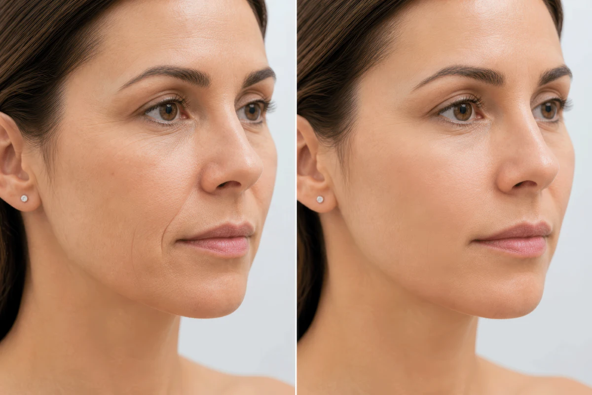 Before and after results of dermal fillers at Beauty At The Lake to restore facial volume and reduce a tired appearance.